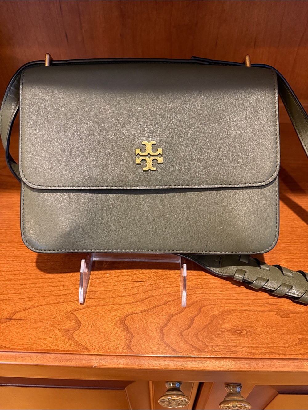 Tory Burch Olive Green Leather Crossbody with Gold Logo